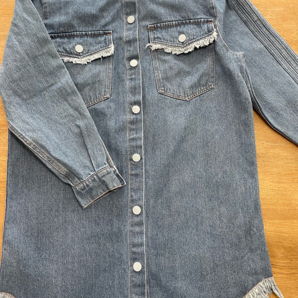 Denim Button-Up Shirt with Fringe Detail